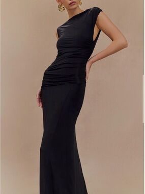 Meshki Navanna Asymmetrical Slinky Midi Dress- Black